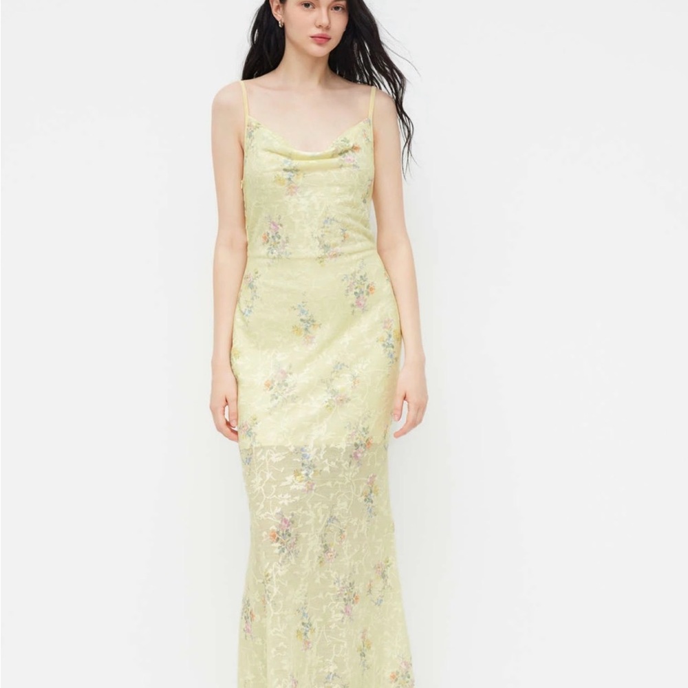 Cider Pale Yellow Floral Lace Cowl-Neck Maxi Dress NWT